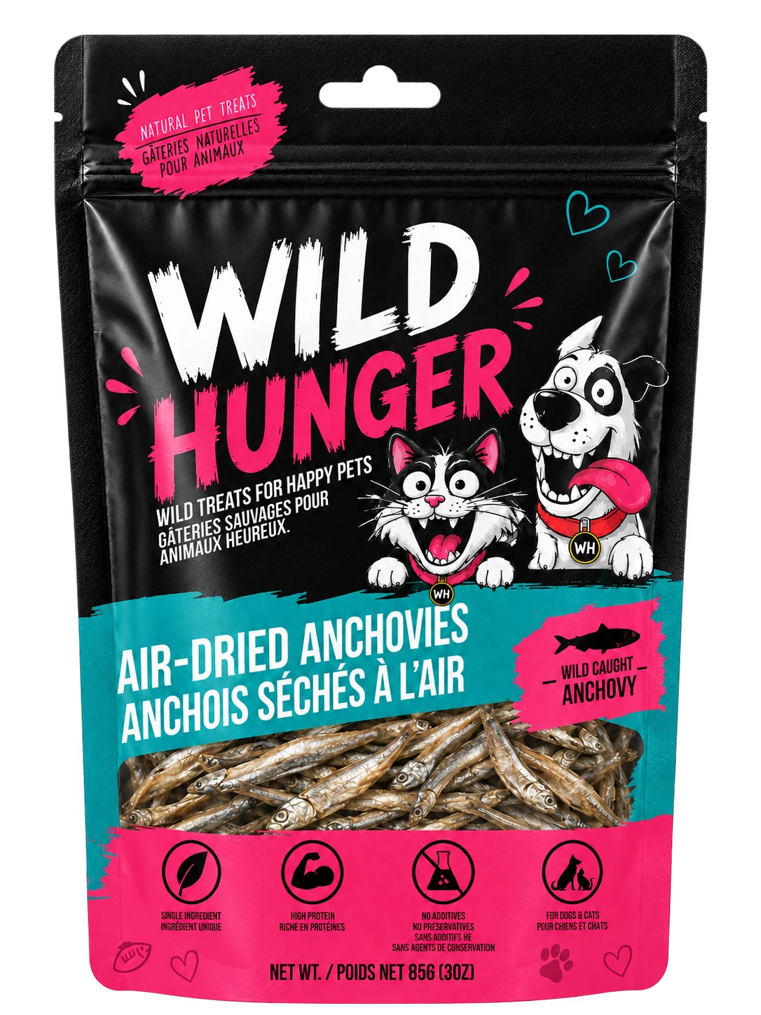Wild Hunger Air-Dried Anchovies pet treat pouch