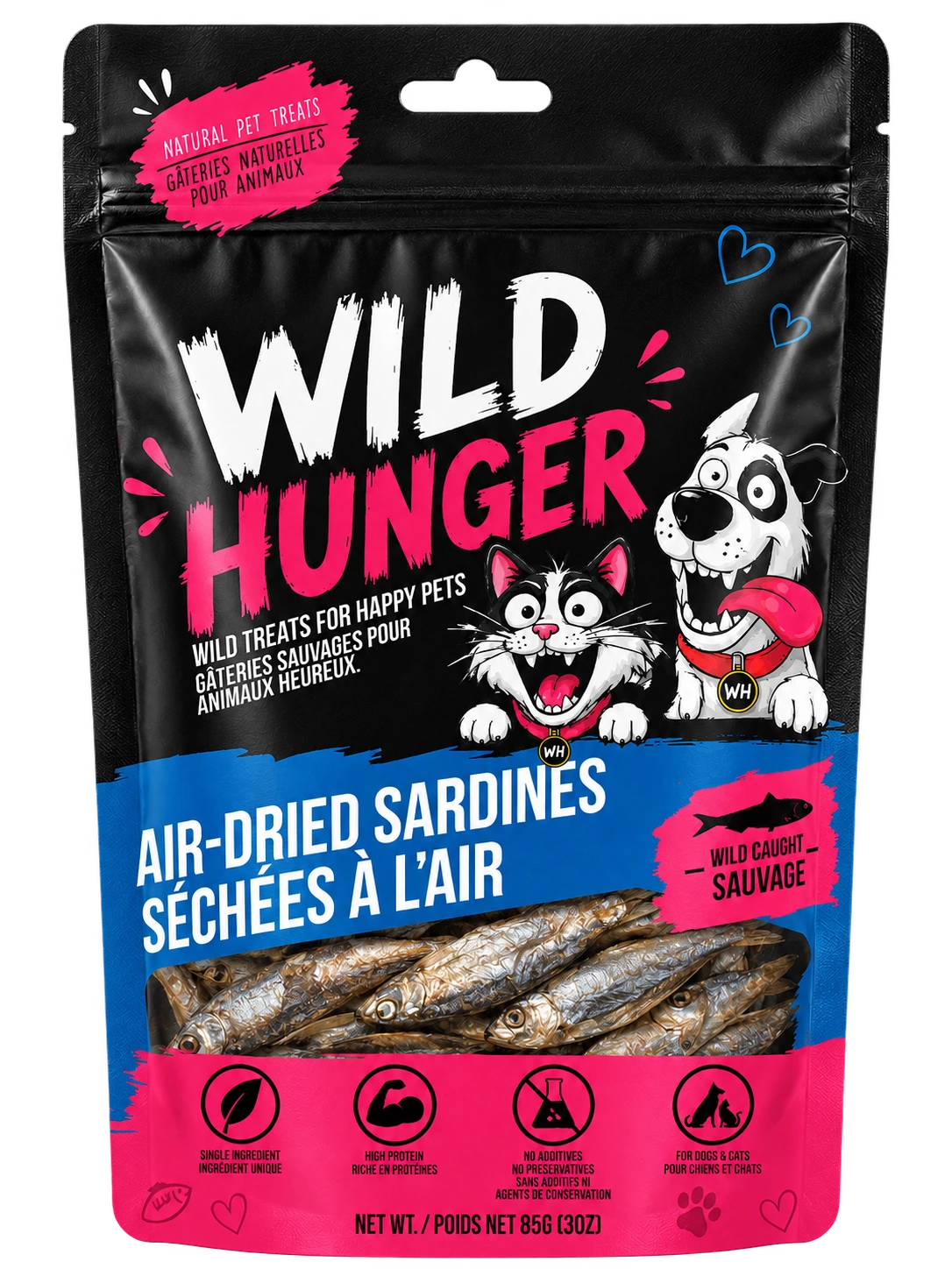 Wild Hunger Air-Dried Sardines pet treat pouch